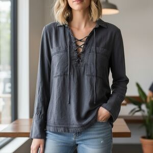 Free People Lace-Up Pullover Tunic Top Charcoal Gray Tencel Long Sleeve Size S